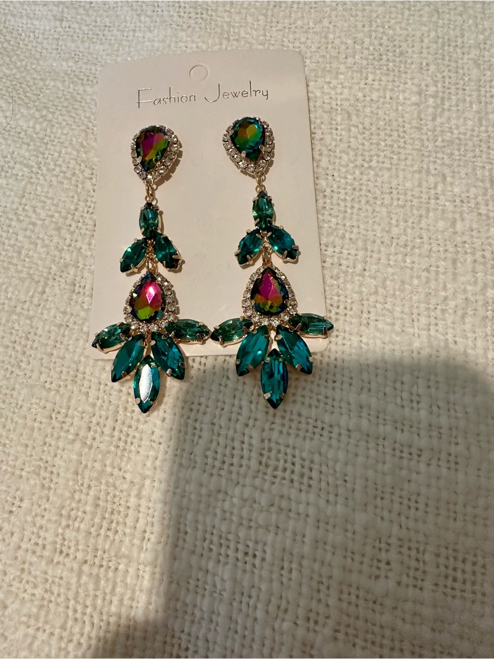 Fashion Jewelry Teardrop Emerald Green and Aurora Crystal Chandelier Earrings